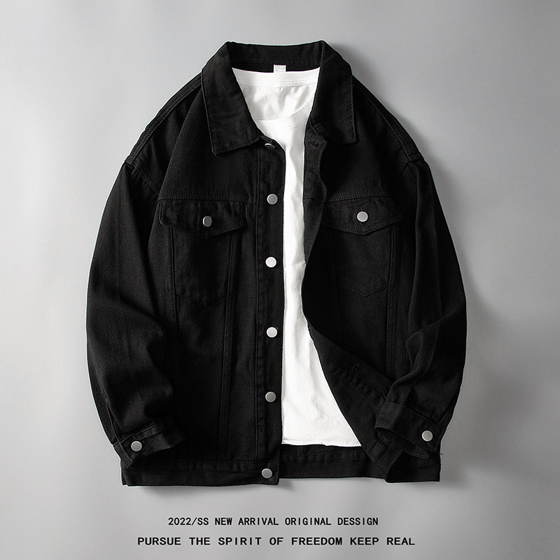 美式潮牌休闲牛仔外套男士春秋季高端纯黑色男生宽松痞帅工装夹克