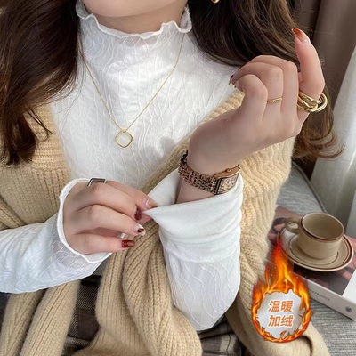 高级感加绒加厚蕾丝打底衫女秋冬季2025新款内搭半高领木耳边上衣