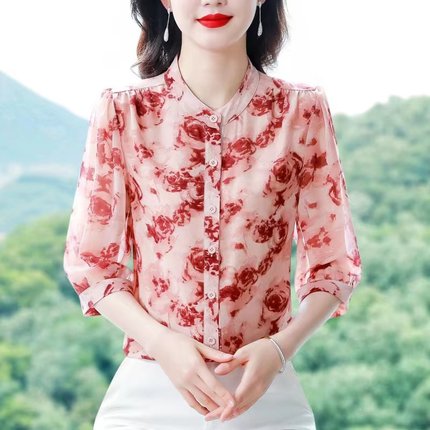 时尚减龄雪纺衫女2025夏季新款七分袖印花衬衫气质碎花洋气女小衫