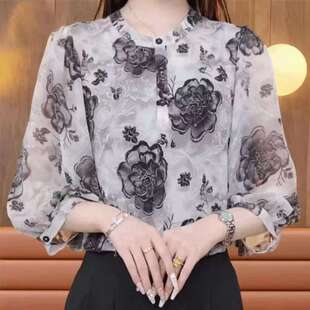 时尚碎花雪纺衫上衣高档七分袖雪纺衬衫女夏季新款宽松洋气衬衣女