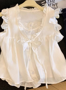 2026新款蕾丝假两件小飞袖娃娃蓬蓬衬衫上衣夏