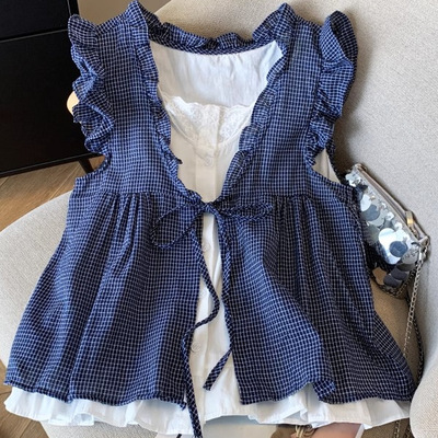 韩系格子假两件拼接背心衬衫女夏季木耳边减龄遮肚无袖娃娃衫上衣