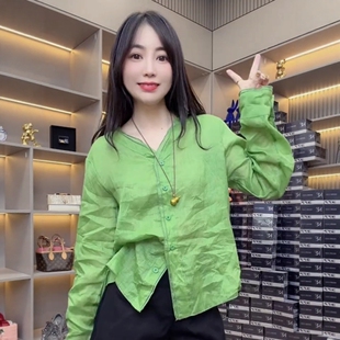 韩系减龄V领长袖防晒开衫女款2026夏季薄款宽松显瘦外搭气质衬衫