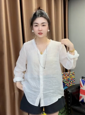 欧洲站白色苎麻单排扣开衫女秋季新款高品质宽松气质微透花边衬衫