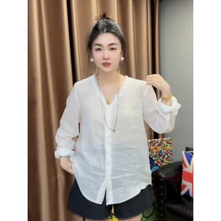 欧洲站白色苎麻单排扣开衫女夏季新款高品质宽松气质微透花边衬衫