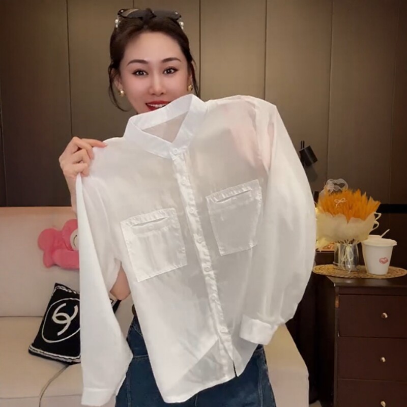 高端老钱风麻料白色衬衫女款图片