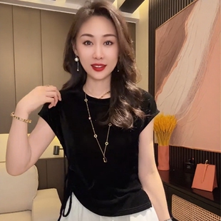 丝绒黑色短袖女款2026新款时尚抽绳褶皱T恤夏季独特别致显瘦上衣