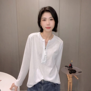 2026超火欧货小衫女款独特半拉链长袖t恤设计感纽扣装饰圆领上衣