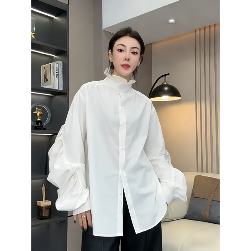 欧货时尚单排扣花边立领衬衫女2026春季新款中长款褶皱弯刀袖衬衣,女装/女士精品,衬衫,淘宝优惠券,粉丝福利购,淘宝优惠卷