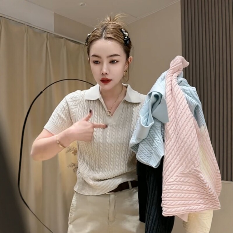 欧货复古风翻领短袖麻花针织衫女2026春夏季新款修身小众精致上衣