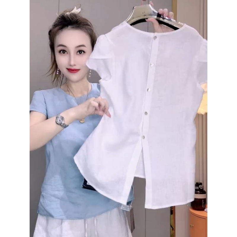 后背纽扣开叉双层短袖衬衫