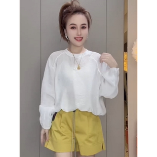 欧货圆领后背纽扣长袖防晒衫女2025夏季新款休闲薄款底边抽绳衬衫