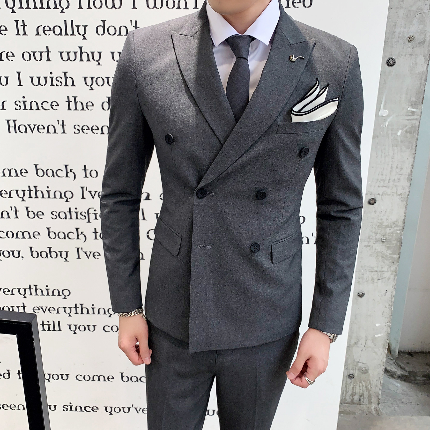 英伦修身双排扣西装男套装三件套绅士商务潮流小西服SJT806-P260，男装西服套装，星座1012