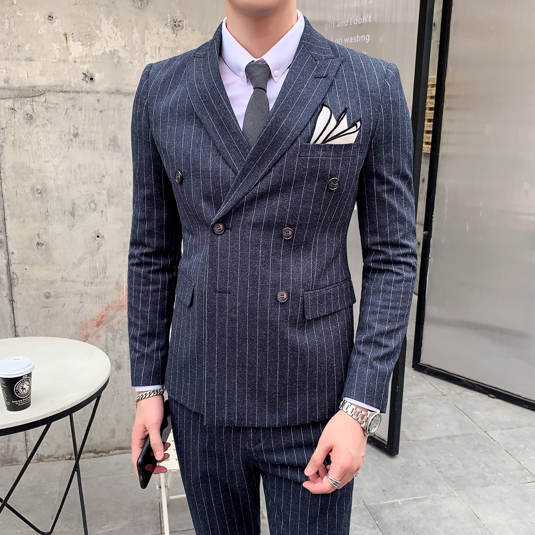 秋冬高质量男士双排扣条纹西装三件套职业礼服SJT810-P260,男装西服套装,星座1012