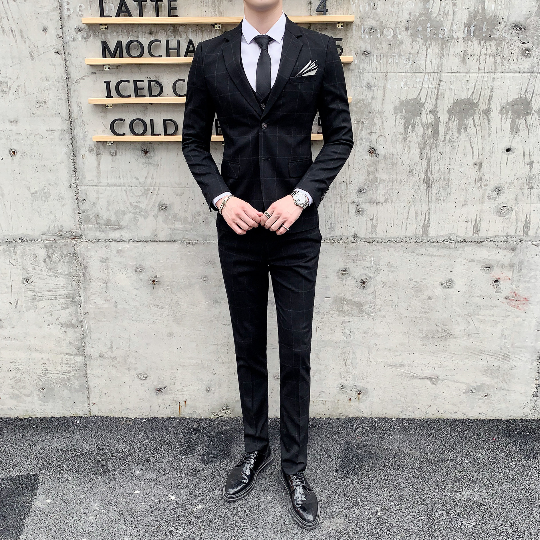 新款格子西服套装男士修身英伦西装三件套职业装礼服SJT812-P280,男装西服套装,星座1012