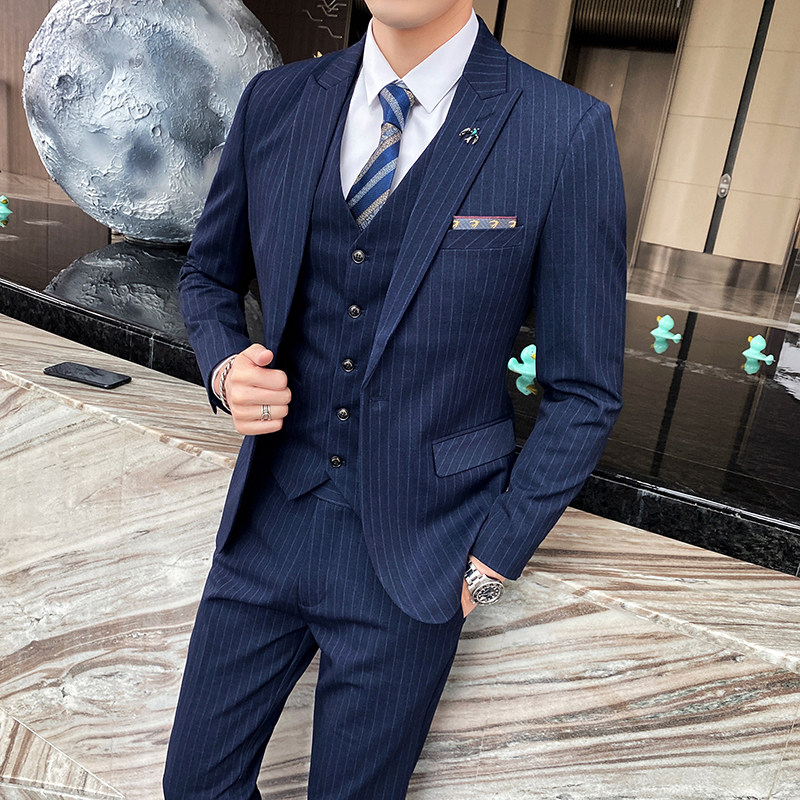 新款西装男套装三件套修身条纹西服新郎结婚礼服商务SJT827-P280图片