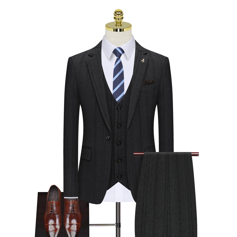 假模图条纹深灰色西服套装男三件套商务职业礼服正装西装822-P260图片