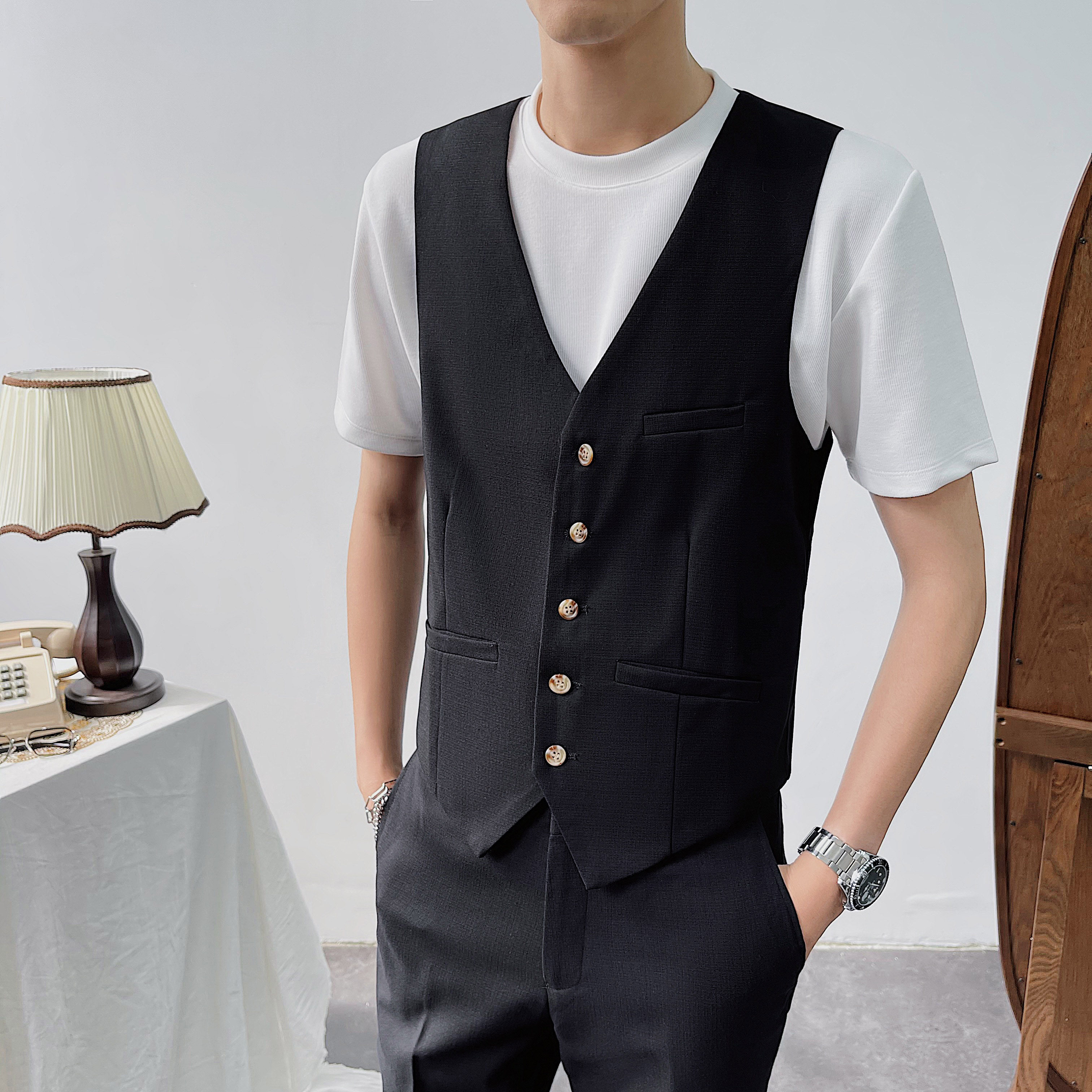 夏季薄款西装马甲坎肩西服背心黑色礼服伴郎MJ834-P45图片