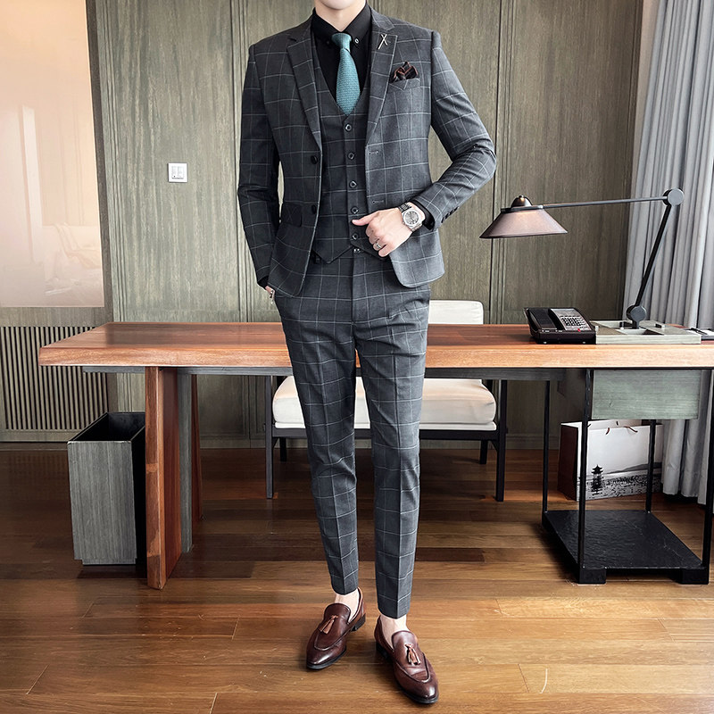 西服套装男英伦修身商务职业休闲格子款西装三件套SJT863-P285,男装西服套装,星座1012