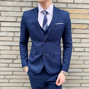 秋冬新格子西服套装男士韩版三件套新郎结婚礼服SJT811-P280图片