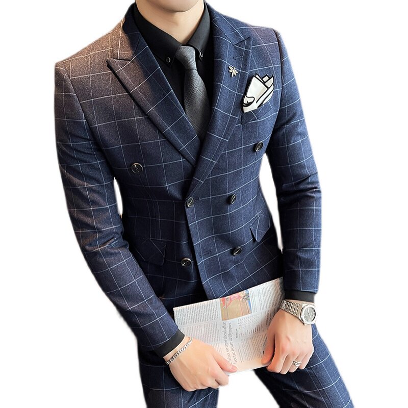 双排扣格子款西服套装男商务修身休闲西装蓝色礼服SJT8662-P285,男装西服套装,星座1012