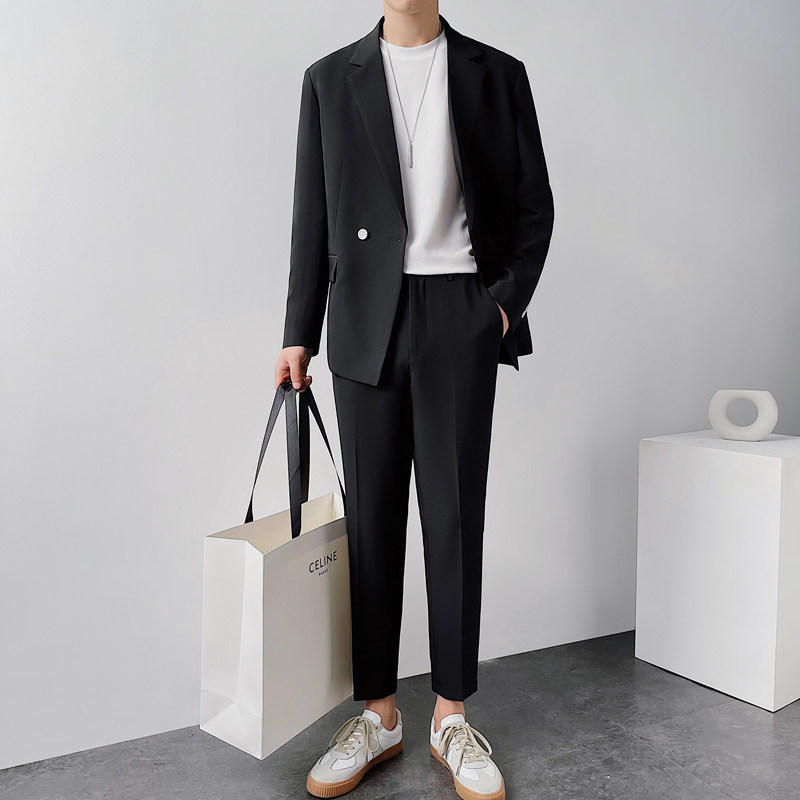 宽松西装套装男帅气宽松西服两件套纯色休闲礼服海蓝DX857-P120,男装西服套装,星座1012