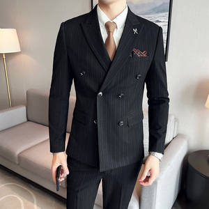 条纹西装男套装修身帅气双排扣西服休闲商务抗皱厚款SJT866-P285图片