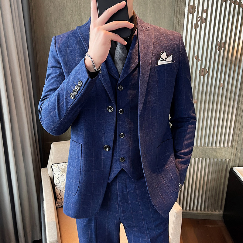 21秋冬新韩版格子西装三件套男西服套装结婚礼服正装SJT851-P260，男装西服套装，星座1012