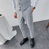 男生格子西裤抗皱深灰商务休闲修身长裤伸缩腰部K8121-P75，男装西裤，星座1012