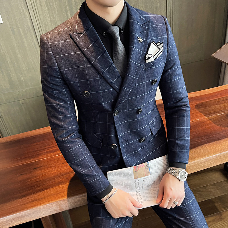 双排扣格子款西服套装男商务修身休闲西装蓝色礼服SJT8662-P285图片