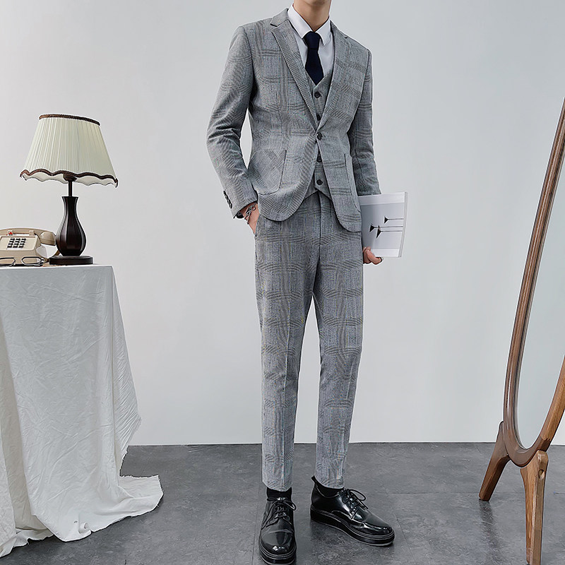 2025秋冬新款千鸟格修身西服男套装三件套商务休闲西服8011-P300,男装西服,星座1012