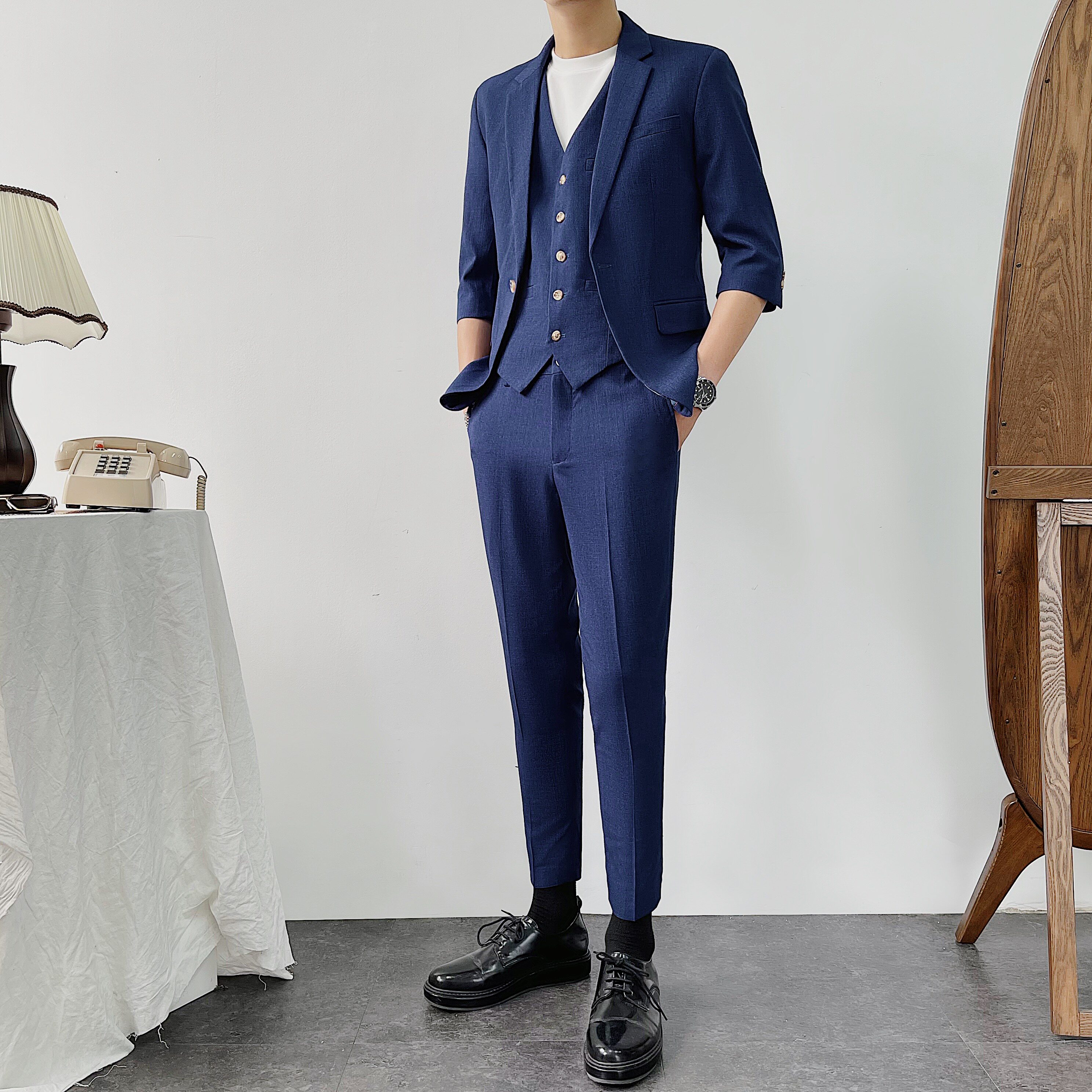 薄中袖西服男套装三件套七分袖西装834-P205上衣105马甲45裤子55，男装西服套装，星座1012