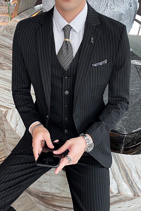 条纹主持人司仪婚礼新郎商务修身西服西服三件套1012-SJT825,男装西服套装,星座1012