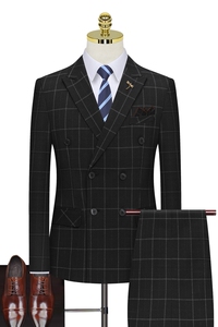 假模高档西装套装男西服三件套格子西服双排扣商务职业正装864图片