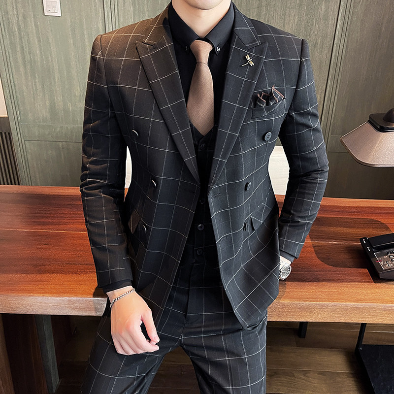 双排扣格子西装套装男三件套修身西服新郎结婚正装礼服SJT864P285图片