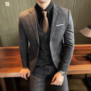 21秋冬新格子西服套装男韩版西装三件套新郎结婚礼服SJT811-P280图片