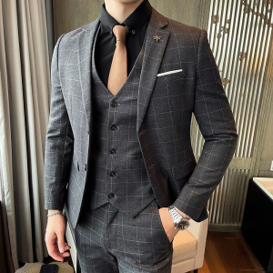 秋冬新格子西服套装男士韩版三件套新郎结婚礼服SJT811-P280图片