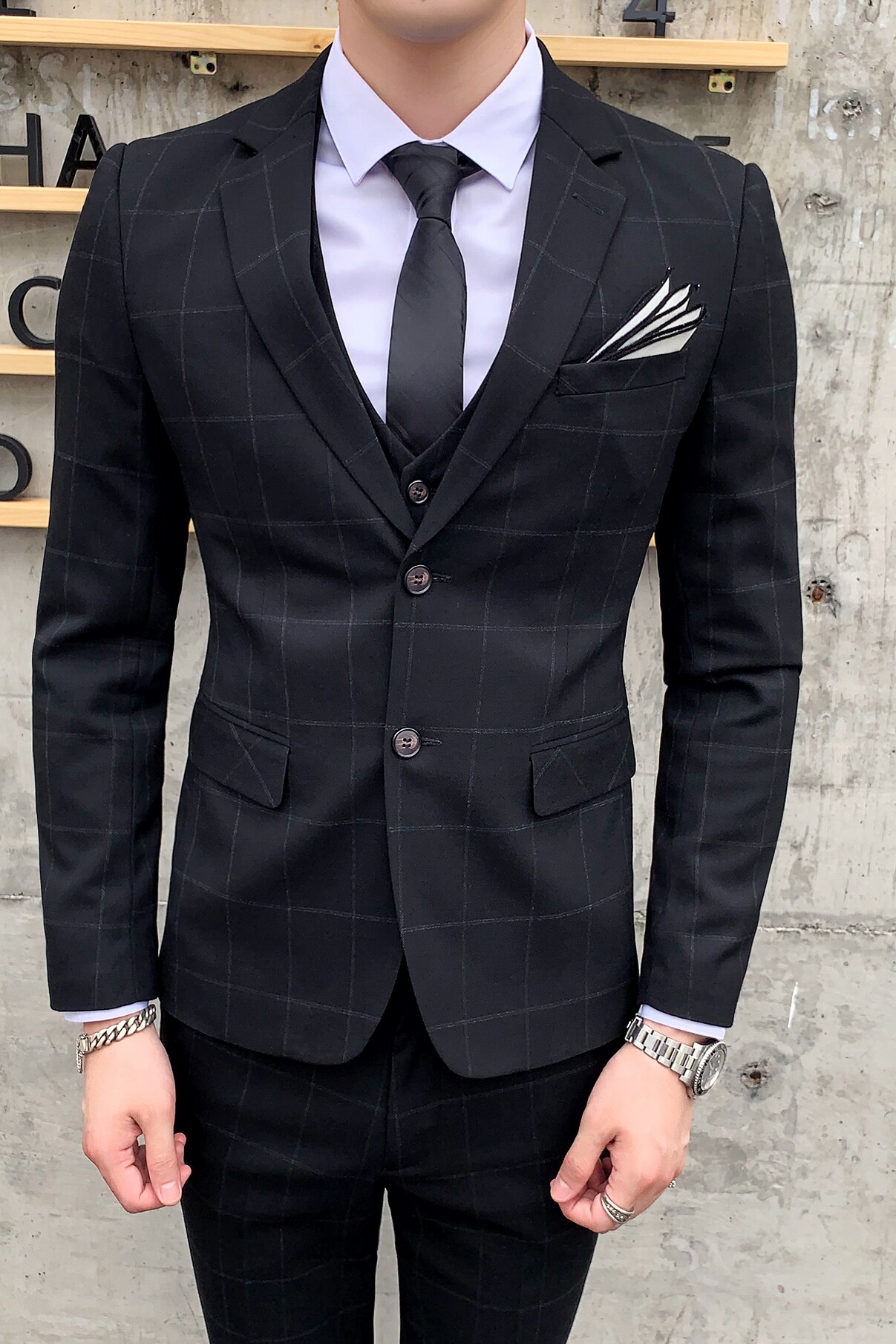 三件套格子西装男套装两粒扣商务英伦修身西服SJT812-P280,男装西服套装,星座1012