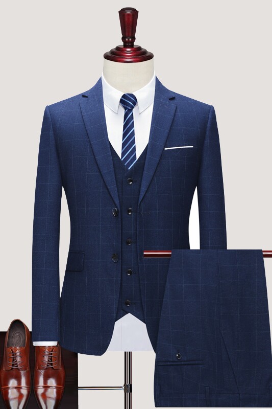 蓝色格子西装男套装新郎结婚商务正装三件套西服1012-SJT811-P280,男装西服套装,星座1012