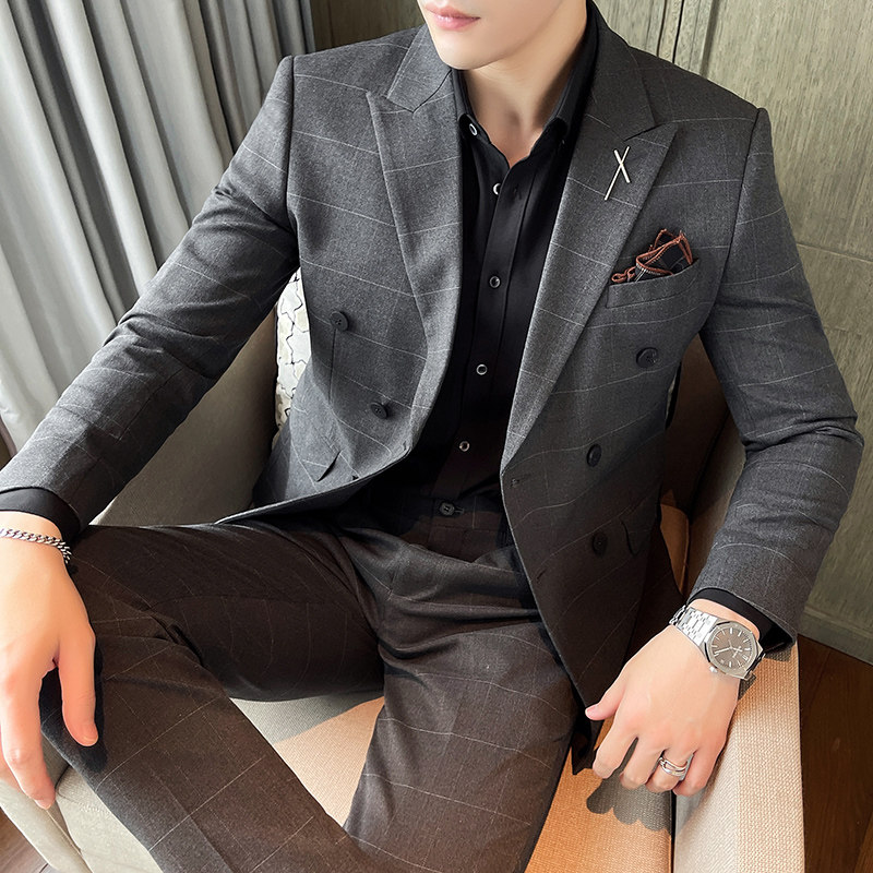 男士新郎礼服西服两件套西装修身休闲格子双排扣LJT865-P200,男装西服套装,星座1012