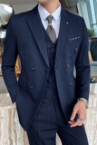 藏青色条纹西装套装男三件套双排扣西服礼服SJT826-P265，男装西服套装，星座1012