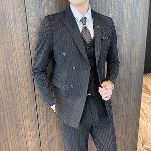 高品质条纹双排扣西装男套装修身商务西服三件套SJT826-P265图片