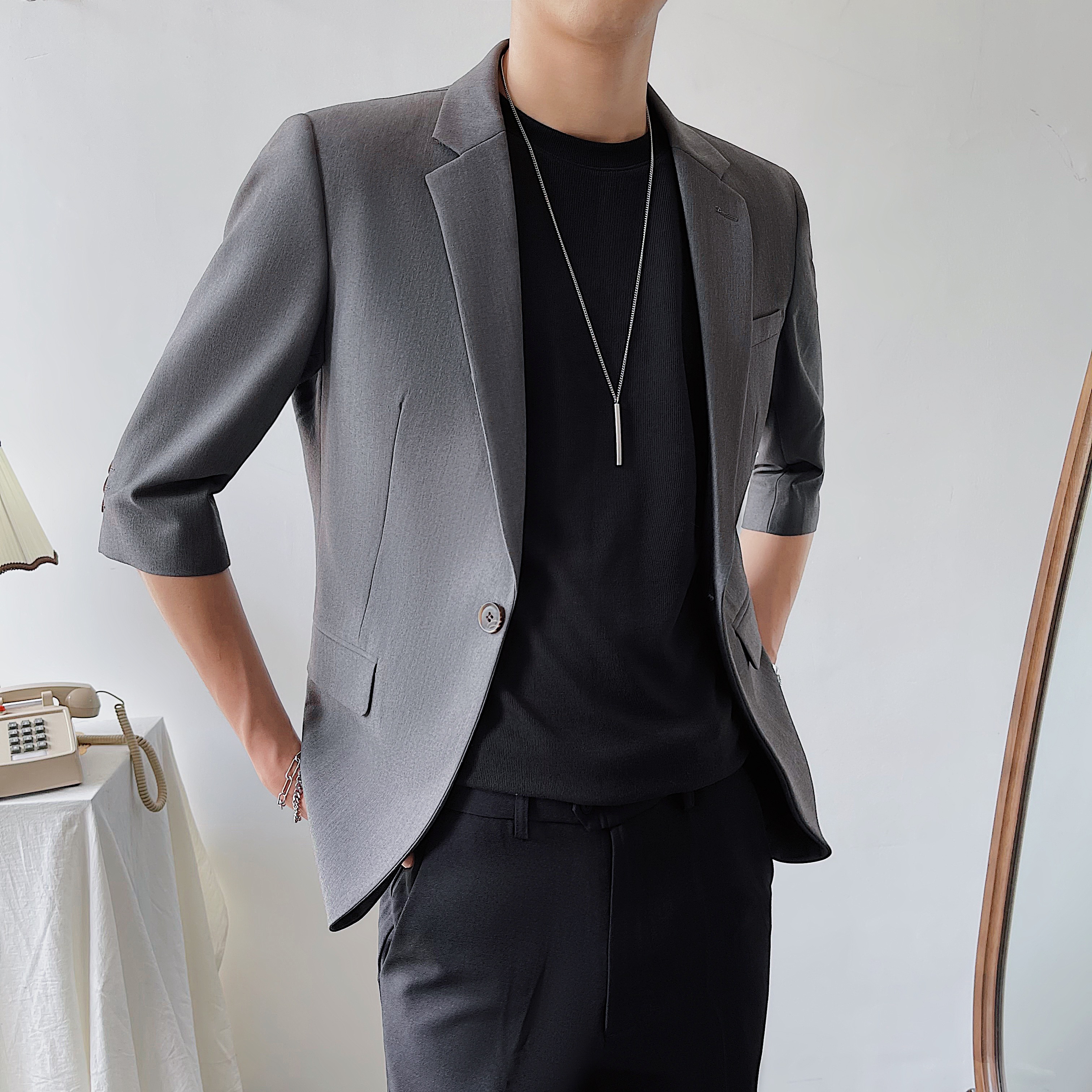 夏薄款中袖西装外套韩版修身灰色西服上衣七分袖商务休闲ZX01-P75