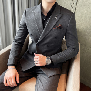 2023格子款西服套装男两件套礼服修身双排扣西装LJT865-P200图片