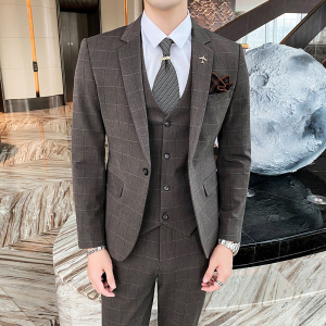 秋冬潮流格子男西服套装修身西装三件套结婚礼服商务SJT821-P260图片
