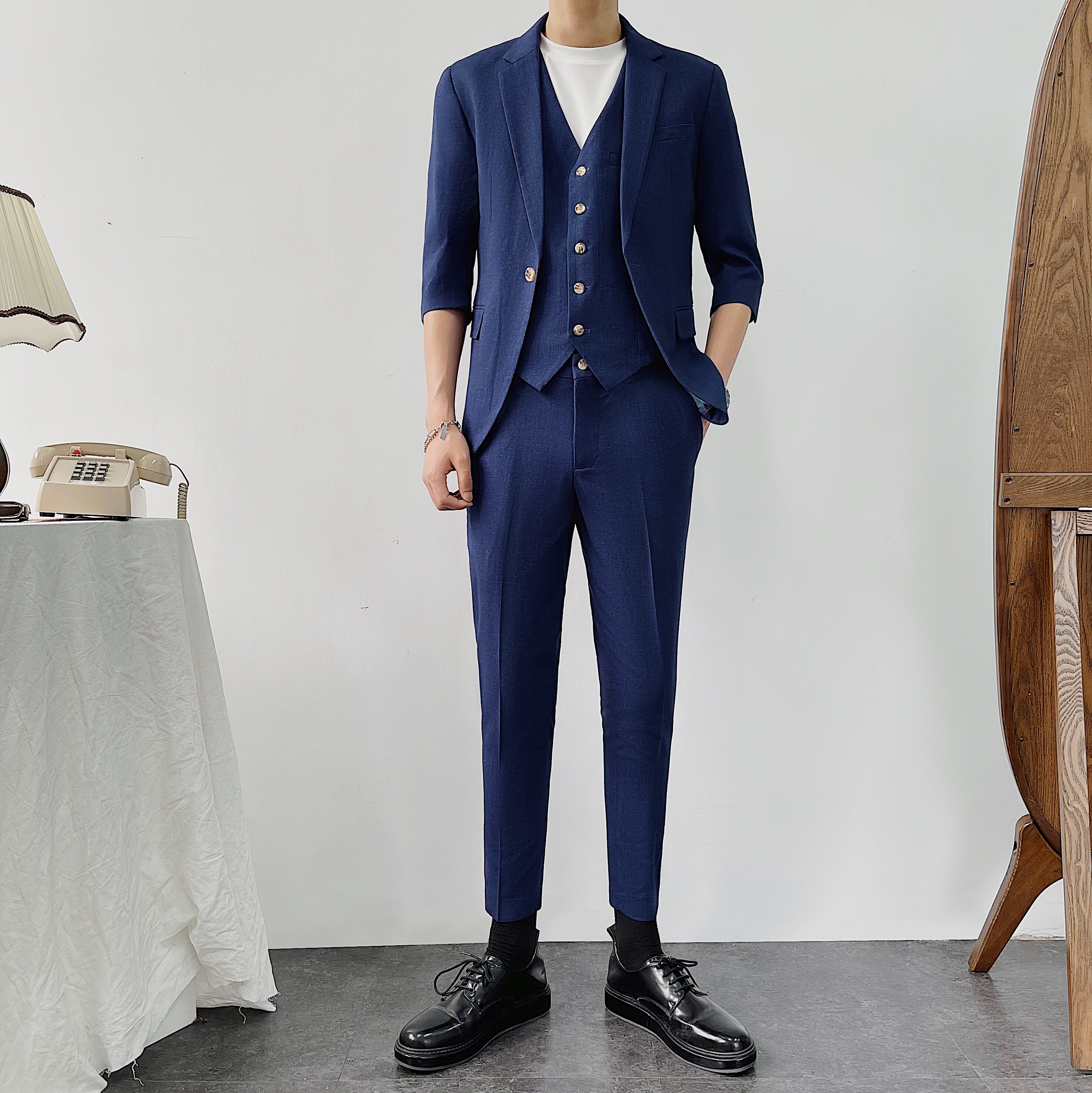 中袖西服男套装三件套网红西装SJT834-P205上衣105马甲45裤子55,男装西服套装,星座1012