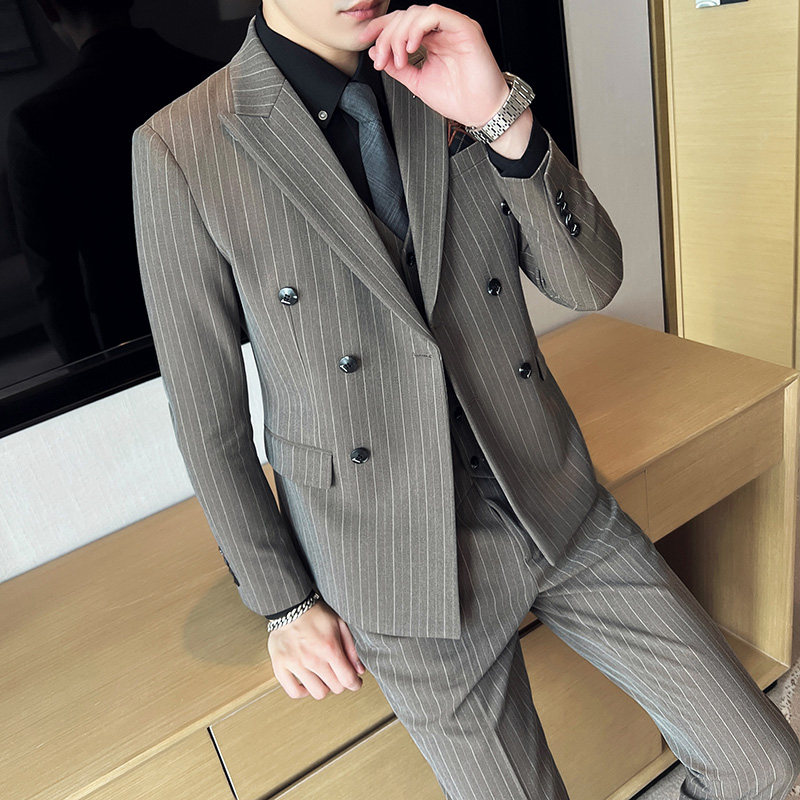 秋冬加厚款西装套装男条纹西服三件套双开叉礼服商务SJT866-P285，男装西服套装，星座1012