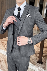 帅气条纹西装男套装三件套新郎结婚礼服商务休闲SJT813-P270图片