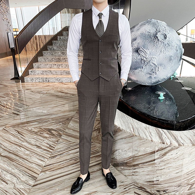 格子弹力西装男士套装三件修身西服英伦商务职业1012-SJT821,男装西服套装,星座1012