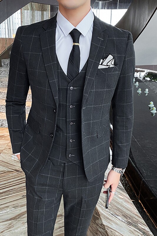 两粒扣格子西装男套装三件套商务休闲礼服SJT812-P270,男装西服套装,星座1012